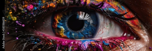 Human eye close up with colorful paint , ink splashes and drips, Generative AI © Adriana