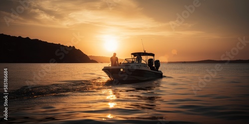 Motorboat yacht sunset on sea