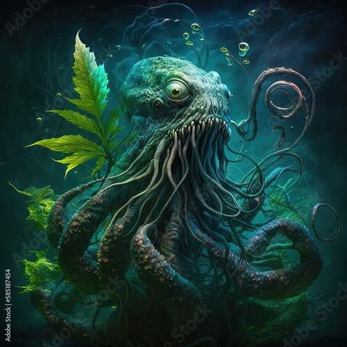 Lovecraftian marijuana monster  with herbal leaves. Funny illustration of cannabis dream. Generative AI