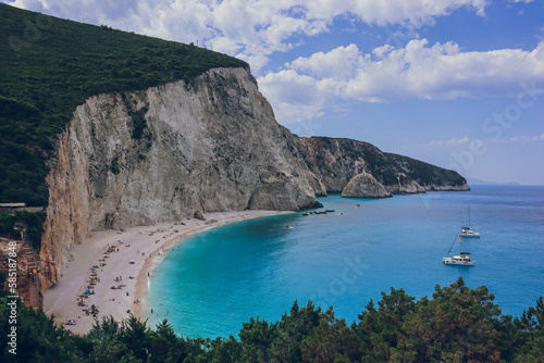 Ionian turquoise blue waters and the stunning cliff at Porto Katsiki beach, Lefkada island, Greece. Alternative to Zakynthos and even better         photo
