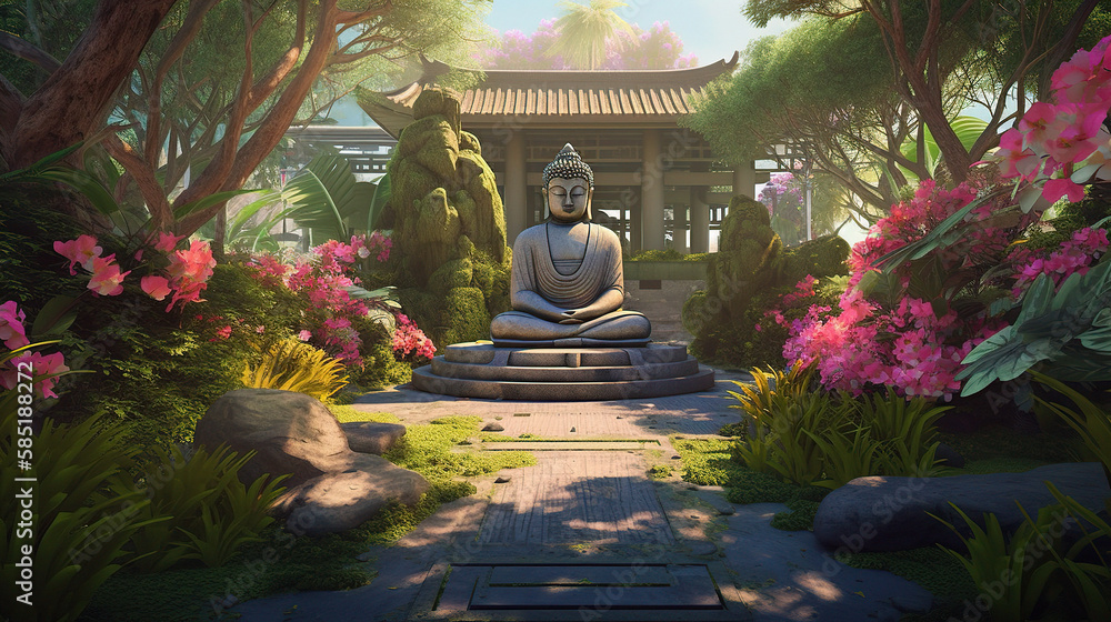 Stone Buddah statue next to a temple in the nature (Modified Generative AI) - obrazy, fototapety, plakaty 