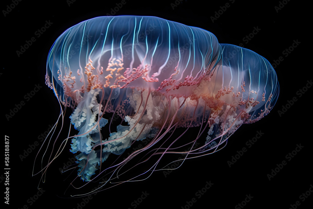 Jellyfish floating under water in the sea, close up. Wildlife in ocean. Created with Generative AI Jellyfish floating under water in the sea, close up. Wildlife in ocean. Created with Generative AI