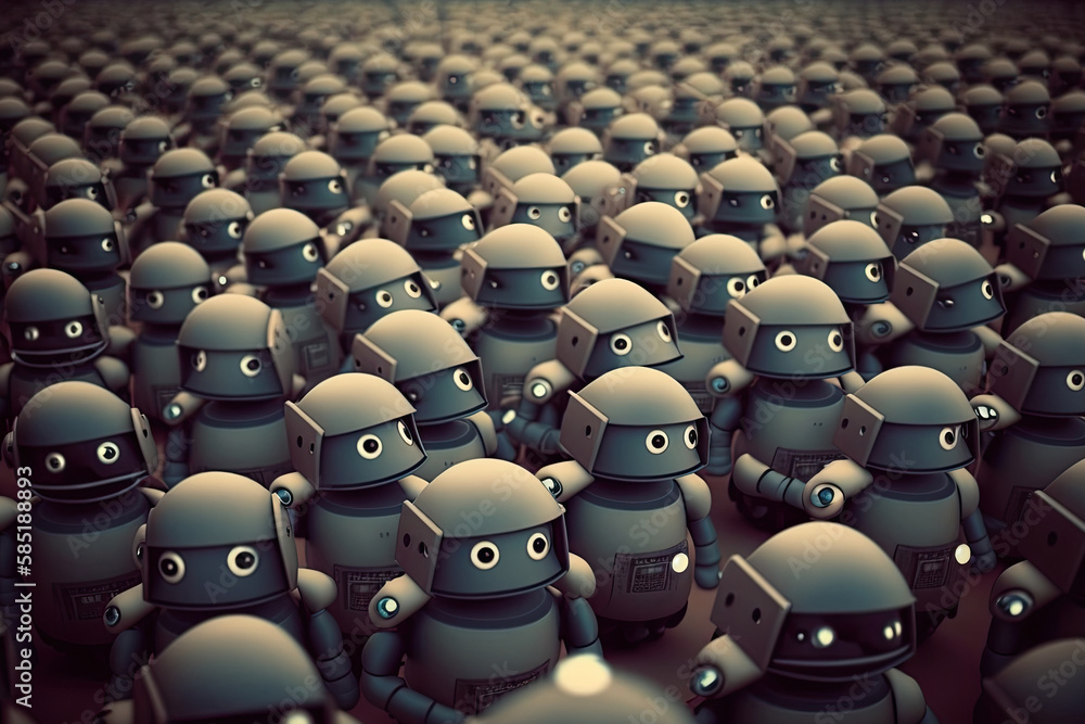 Obraz premium Robot crowd in rows. Robot army. Created with Generative AI
