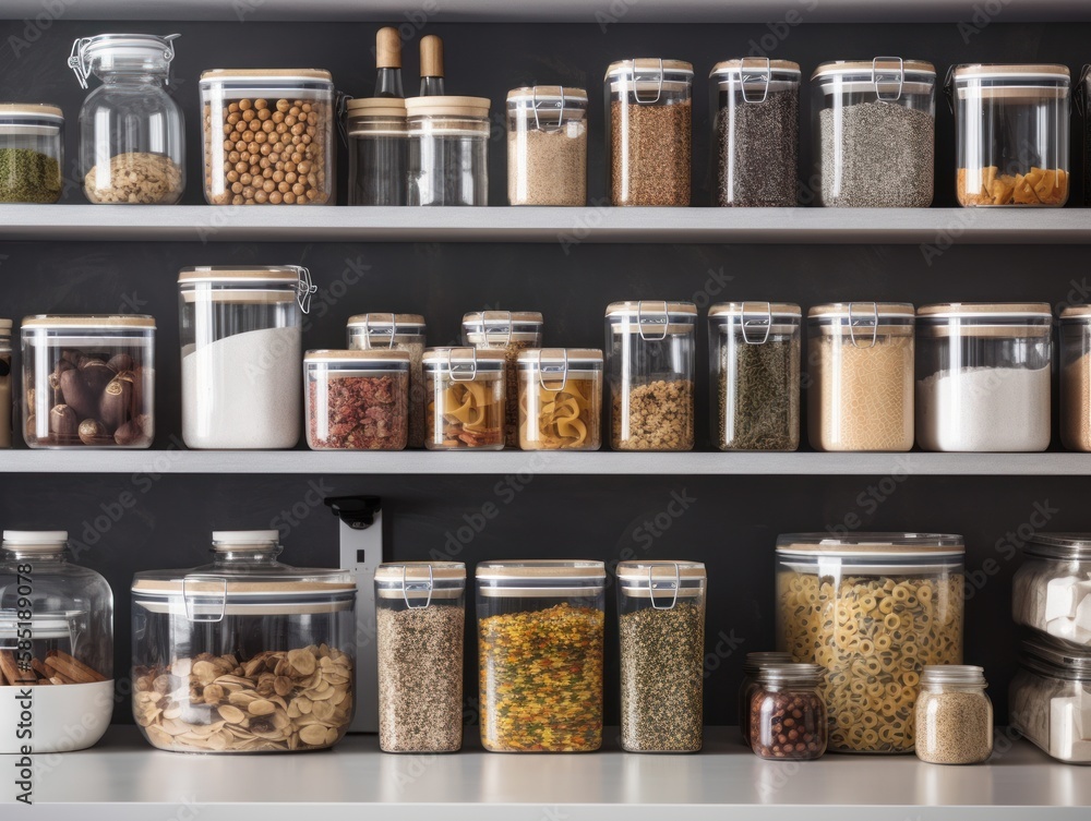 An organized, wellstocked home pantry, with various food items sorted