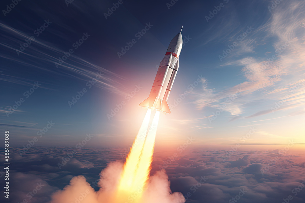 Rocket launch from cosmodrome. Fight of space rocket in blue sky. Space mission. Space Shuttle takeoff. Created with Generative AI