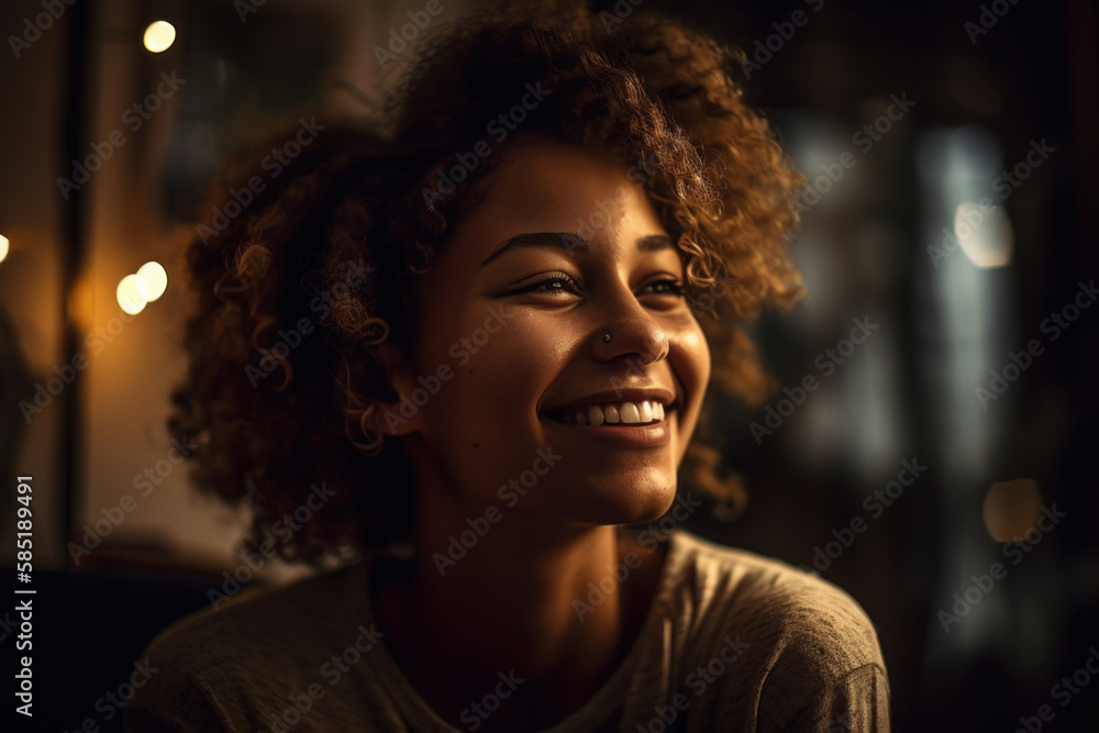 Joyful Relaxation: Young Woman Laughing in Cozy Home Setting. Genuine, Warm, and Inviting Ambiance Captured in Candid Shot. Relaxing at home. Generative AI Joyful Relaxation: Young Woman Laughing in Cozy Home Setting. Genuine, Warm, and Inviting Ambiance Captured in Candid Shot. Relaxing at home. Generative AI