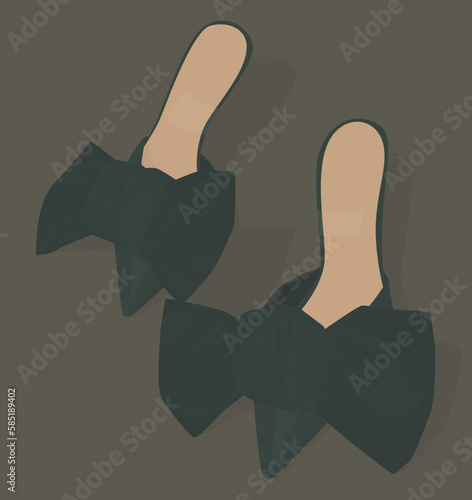 Vector flat image of women's spring-autumn shoes. Mules with dark bows. Design for posters, backgrounds, templates, banners, textiles, postcards.