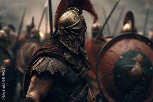 Spartan King Leonidas I and his warriors at Thermopylae. Generative AI.