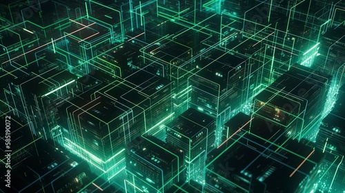 Abstract Data center logistic packages transport move city green light connections traces nodes transparent 3d boxes light green energy