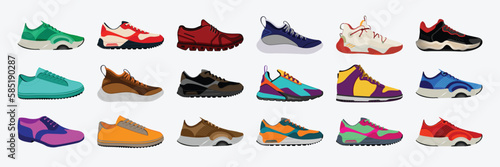 Collection of realistic sneakers of different types. Sports shoes in detailed style.
