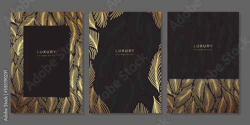 Set of luxury templates with golden linear botanical pattern. Gold line art. Illustration with Christmas tree branches and leaves on black background. Pine needles texture. Design for cover, poster