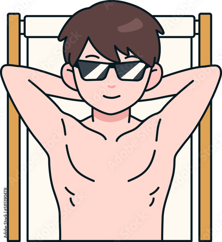 Man Sunbathe Beach Chairs Sunglasses Summer Travel Beach Sea Male Colored Outline