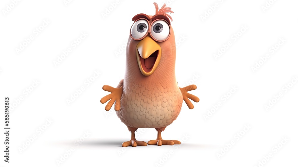 Cute realistic happy and cute chicken smiling, funny cartoon character on the white background - Generative AI Cute realistic happy and cute chicken smiling, funny cartoon character on the white background - Generative AI