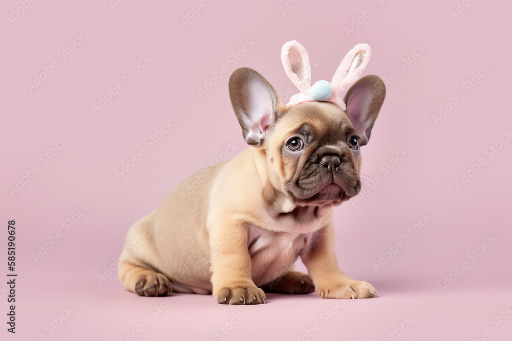 Easter bunny dog. French Bulldog puppy wearing rabbit costume ears on pink background. Generative AI