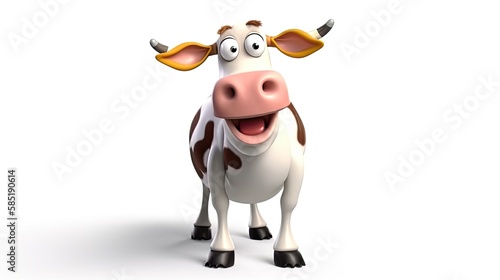 Cute realistic happy and cute cow smiling, funny cartoon character on the white background - Generative AI