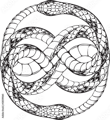 Stylized double knot Ouroboros. Antient symbol of snake biting it's tail. Line art, sketch style