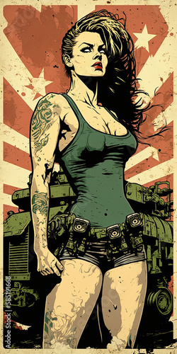 Retro pin up poster of a women in a post-apocalyptic world 