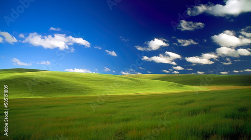 Green lush fresh spring landscape background wallpaper background illustration design with hills  blue sky  clouds. AI generated illustration.