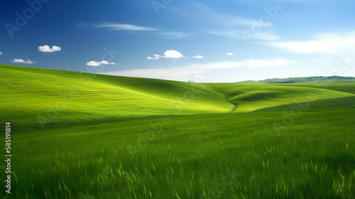 Green lush fresh spring landscape background wallpaper background illustration design with hills, blue sky, clouds. AI generated illustration.