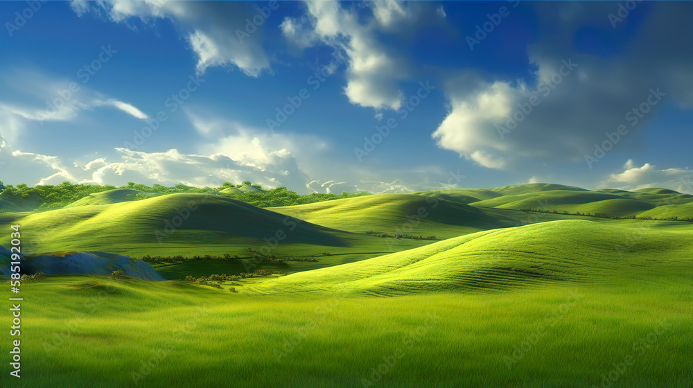 Green lush fresh spring landscape background wallpaper background illustration design with hills, blue sky, clouds. AI generated illustration.