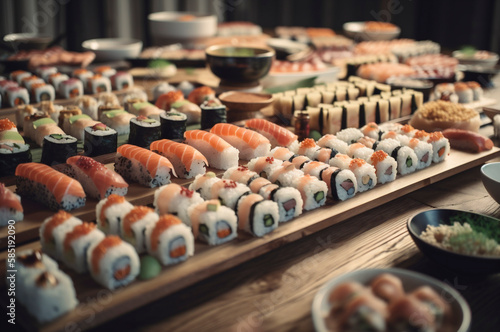 set of assorted sushi arranged on plate over wooden table. AI generated