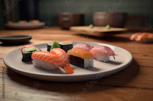 set of assorted sushi arranged on plate over wooden table. AI generated