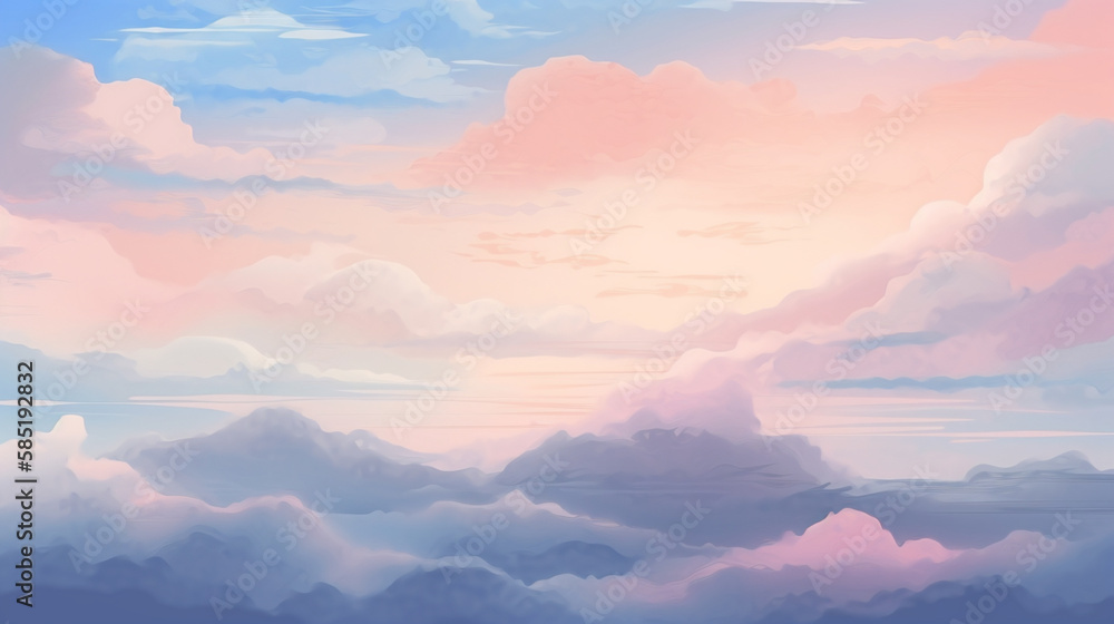 Colorful sunrise over rolling countryside, with the sky filled with a blend of soft pink, orange, and blue clouds. peaceful and serene,  pastel-colored clouds with soft edges ai generated