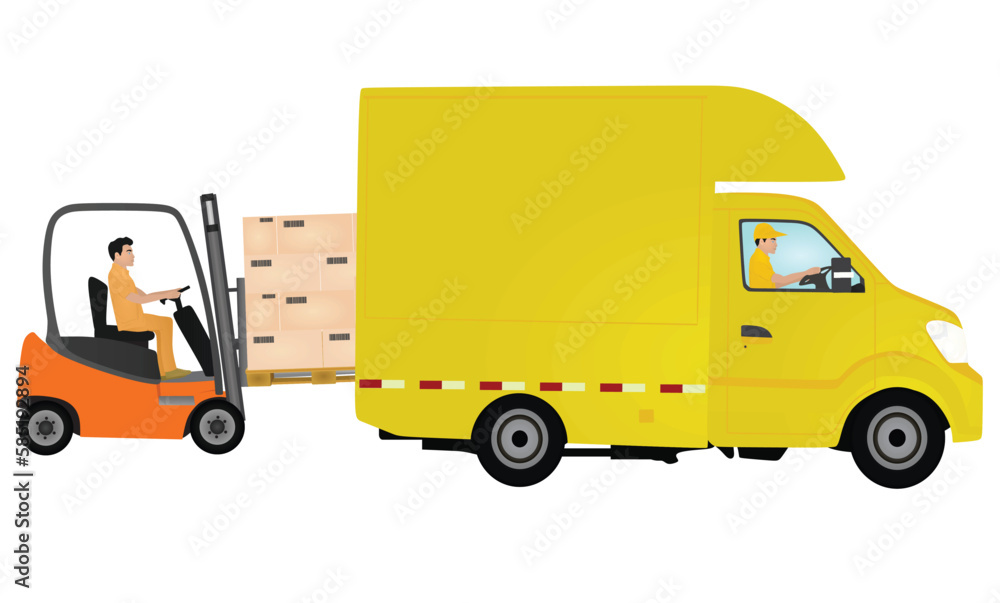 Forklift loading container to delivery truck. vector illustration