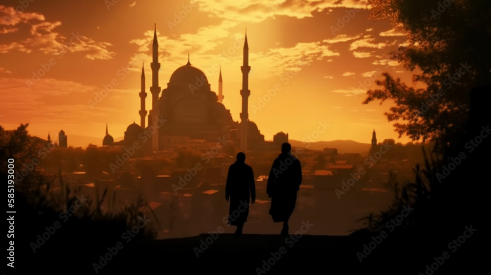 2 persons going to the mosque in turkey, view of the city silhouette exotic and vibrant ai generated