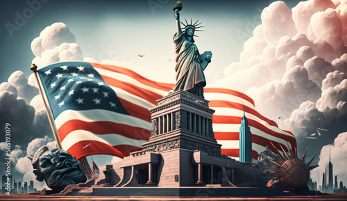 Fotografie, Obraz American flag with the famous landmarks comic book style ai generated