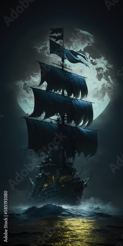 Pirate ship with black sails at full moon