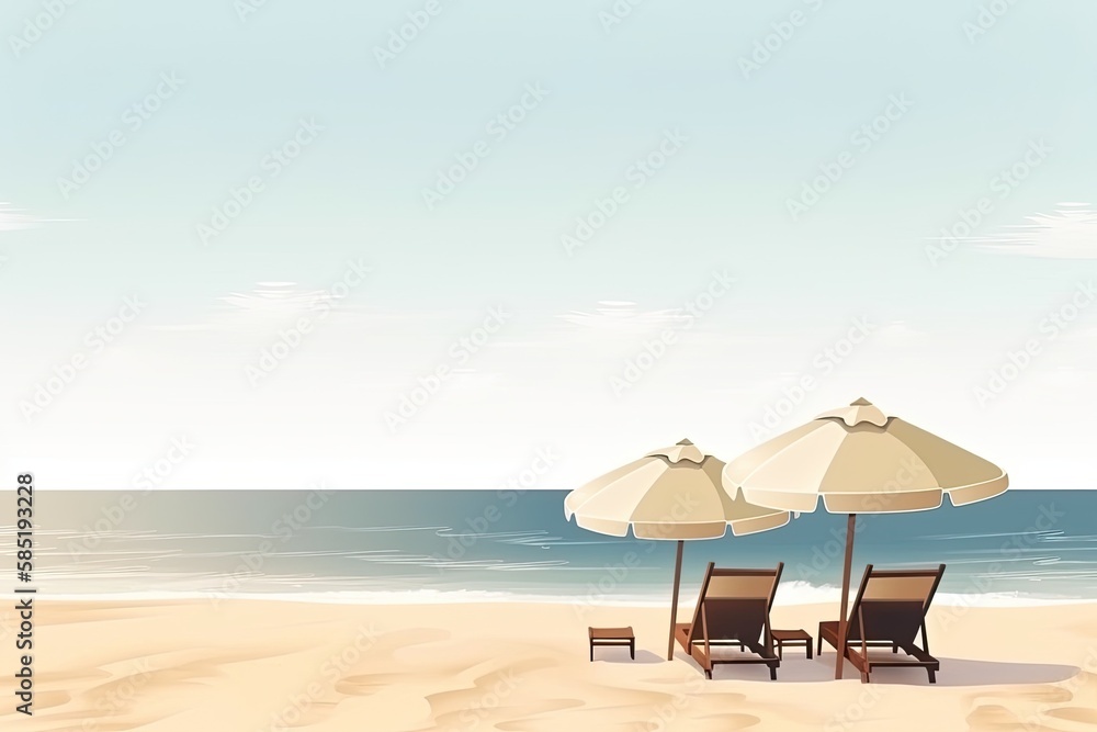 Tropical beach with ocean background banner, parasol and lounge chairs, minimal with copy space for text, for travel and tourism advertisement purposes - Generative AI