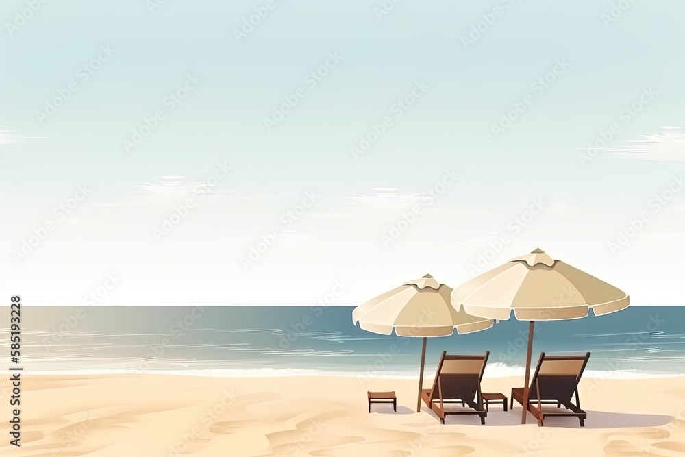 Tropical beach with ocean background banner, parasol and lounge chairs, minimal with copy space for text, for travel and tourism advertisement purposes - Generative AI Tropical beach with ocean background banner, parasol and lounge chairs, minimal with copy space for text, for travel and tourism advertisement purposes - Generative AI