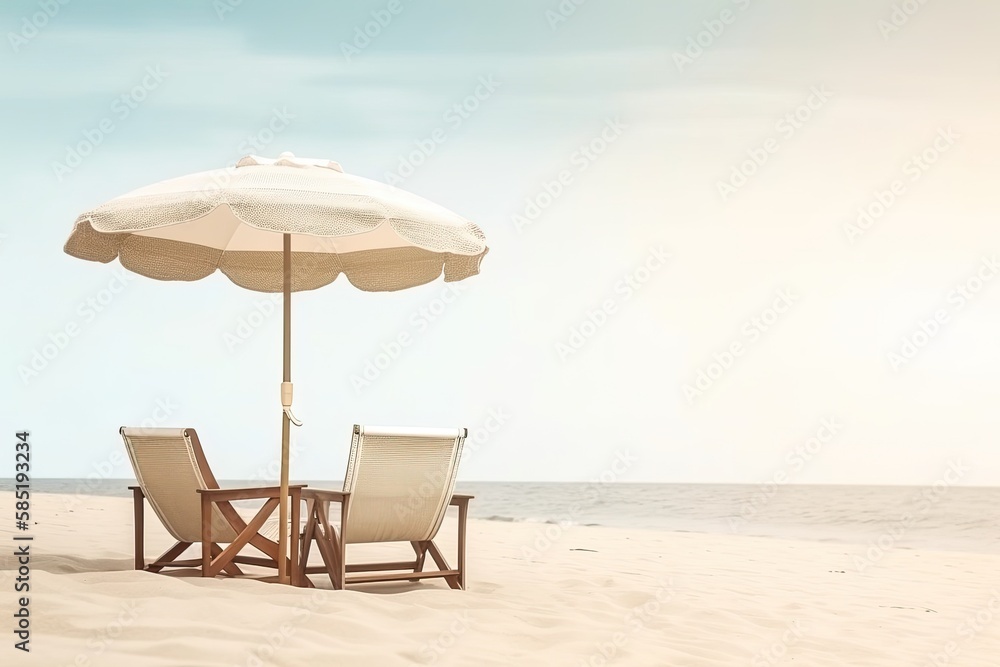 Tropical beach with ocean background banner, parasol and lounge chairs, minimal with copy space for text, for travel and tourism advertisement purposes - Generative AI