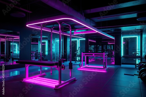 Modern Gym  Neon Illuminated  Futuristic  functional area and Strength Training - Generative AI