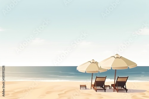 Tropical beach with ocean background banner, parasol and lounge chairs, minimal with copy space for text, for travel and tourism advertisement purposes - Generative AI © Hanjin