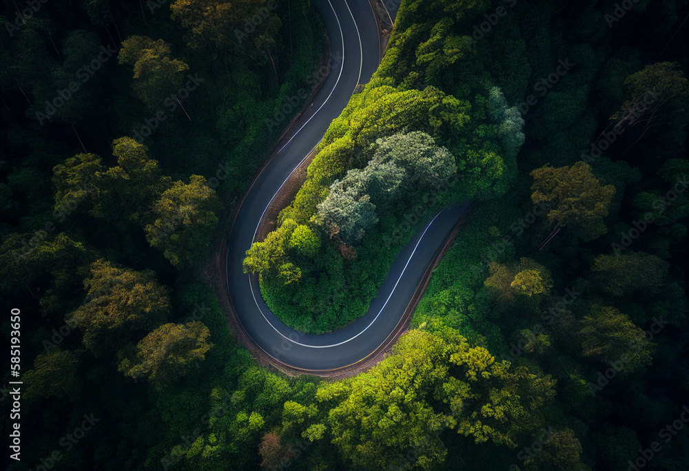 Road in the forest up to mountain. AI generated illustration