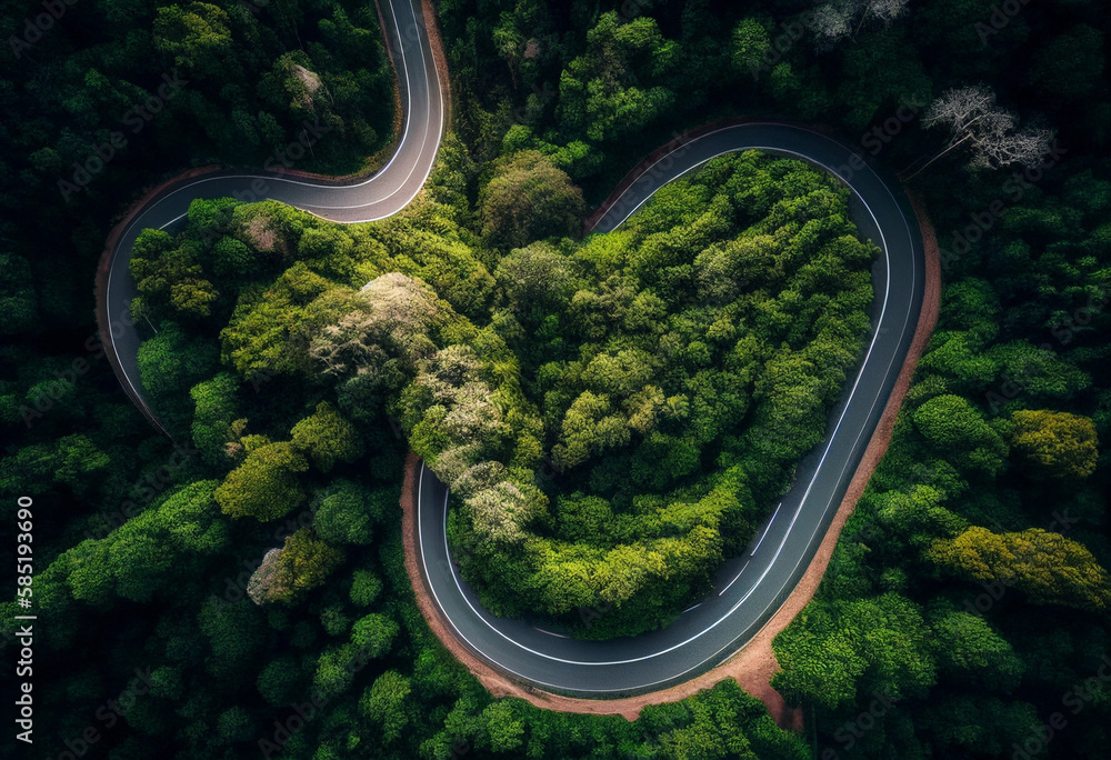 Road in the forest up to mountain. AI generated illustration Road in the forest up to mountain. AI generated illustration