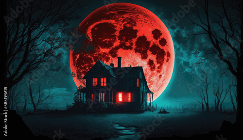 Terrifying halloween house at midnight