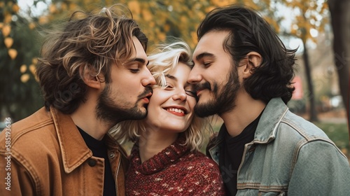 Polyamorous people, Smiling young woman living in a Polyamorous relationship with two men, posing at a park. Generative AI photo