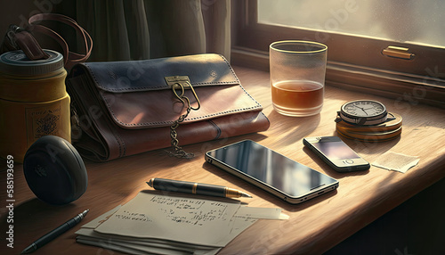 Table with a phone, notes, a drink and a bag on it