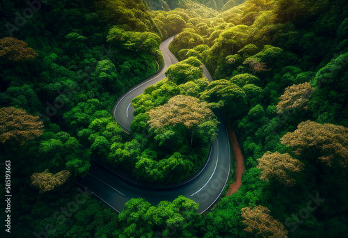 Road in the forest up to mountain. AI generated illustration © vector_master
