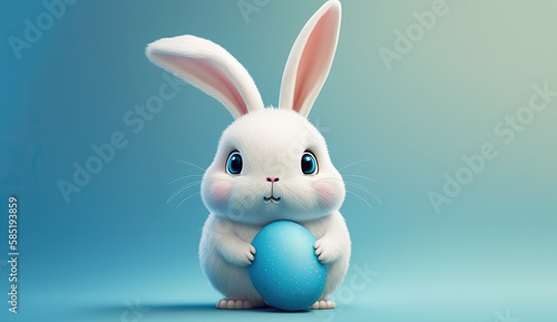 Cute white easter bunny holding a blue egg
