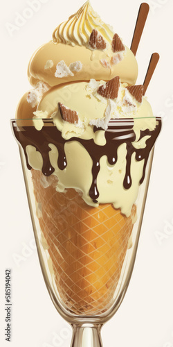 Vanilla icecream with chocolate sauce in a tall glass
