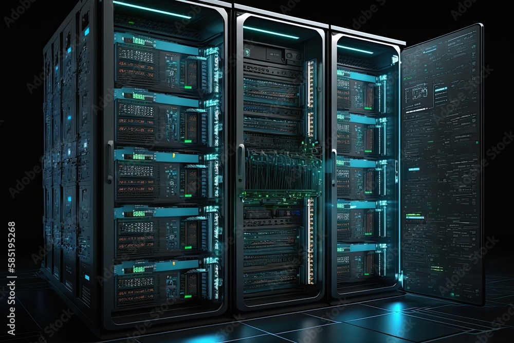 Rack housing server data storage hardware in a data center. The equipment is connected by a lot of network cables. Supporting platform for web and cloud hosting. Generative AI Rack housing server data storage hardware in a data center. The equipment is connected by a lot of network cables. Supporting platform for web and cloud hosting. Generative AI
