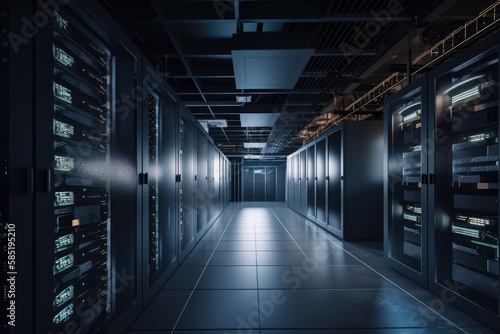 View of a data center. Rack housing server data storage hardware in a data center. The equipment is connected by a lot of network cables. Supporting platform for web and cloud hosting. Generative AI