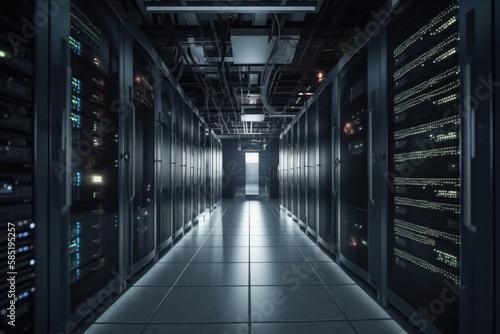 View of a data center. Rack housing server data storage hardware in a data center. The equipment is connected by a lot of network cables. Supporting platform for web and cloud hosting. Generative AI