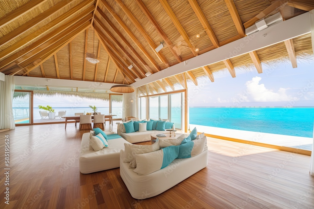wonderful luxury bungalow villa interior living room in tropical paradise Maldives Seychelles with view on crystal clear ocean and dreamy sky - Generative AI