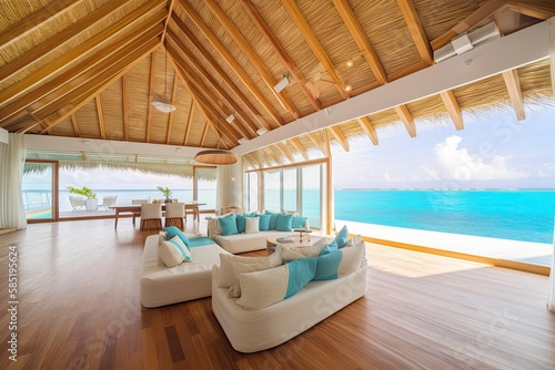 wonderful luxury bungalow villa interior living room in tropical paradise Maldives Seychelles with view on crystal clear ocean and dreamy sky - Generative AI © Hanjin