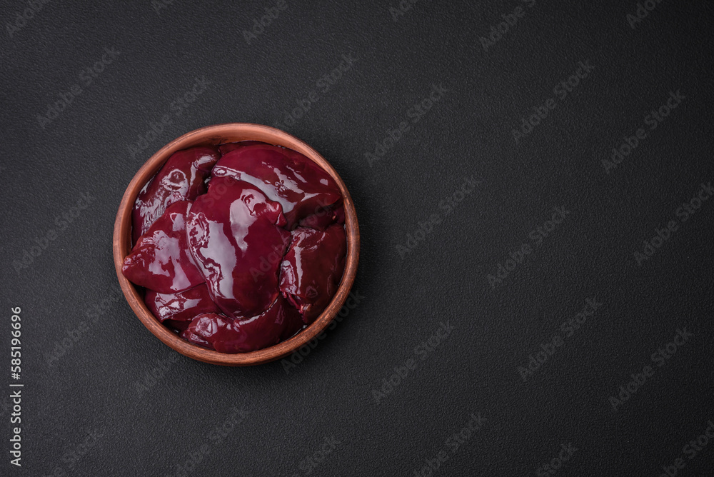 Fresh raw chicken, turkey or duck liver with salt, spices and herbs Fresh raw chicken, turkey or duck liver with salt, spices and herbs